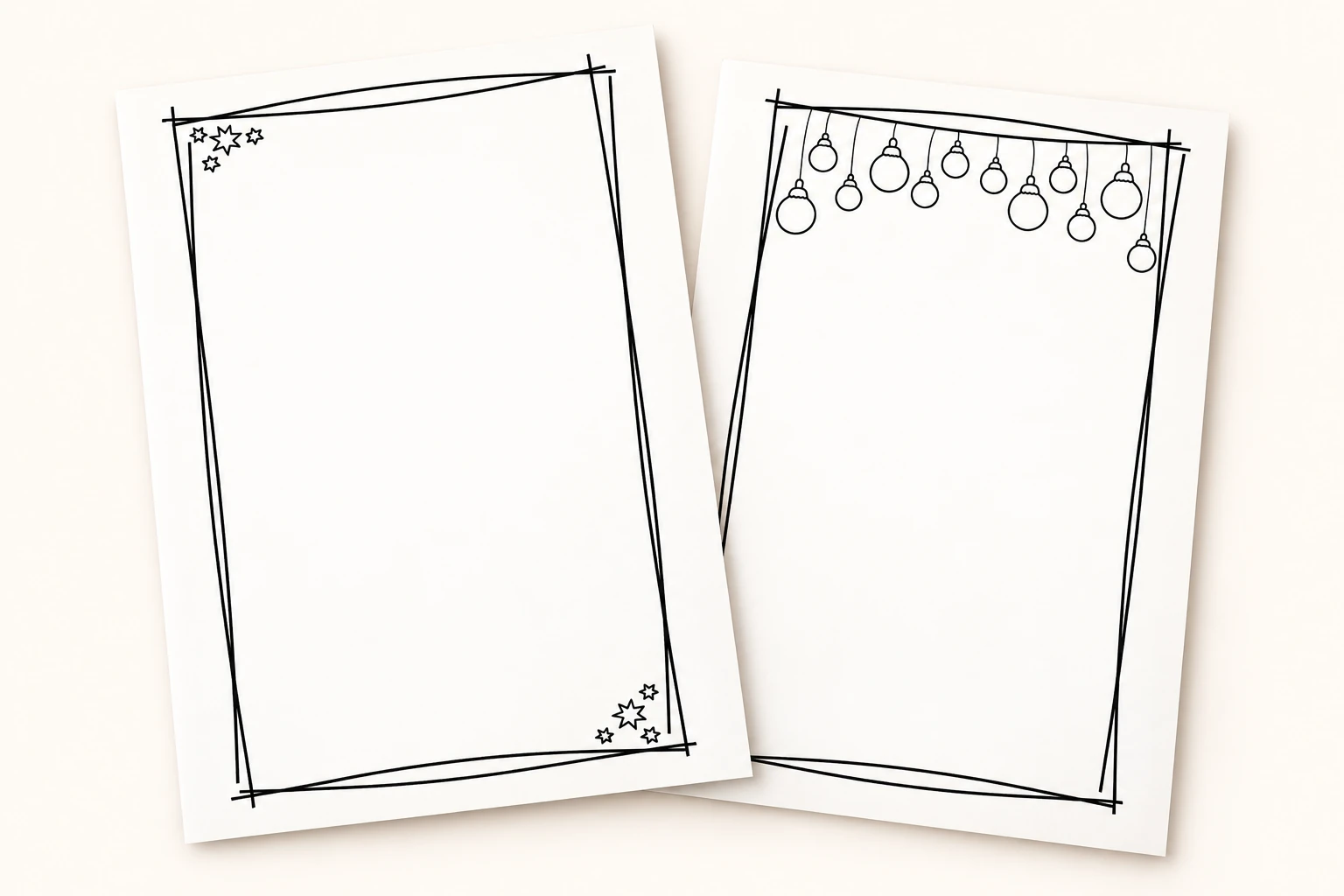 Zwei leere Original-Briefpapiere mit Sternen und Weihnachtskugeln für eigene Wichtelpost
