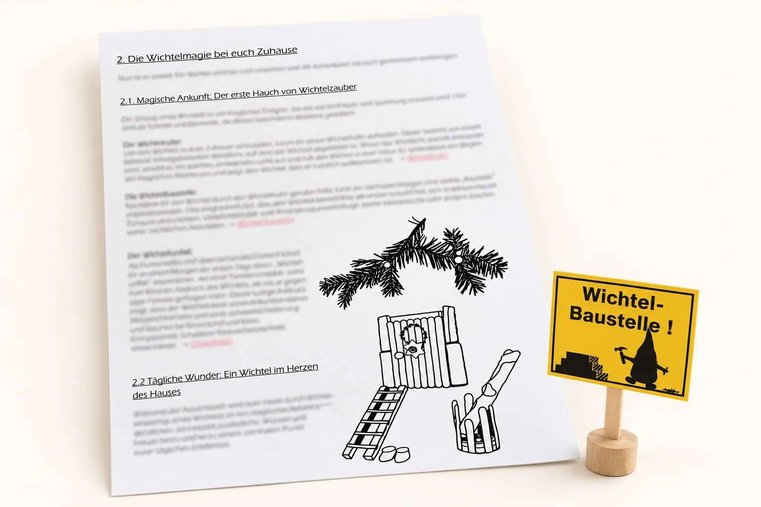 Einführung aus dem Plan mit Wichteltür-Zeichnung und gebasteltem Wichtel-Baustellenschild