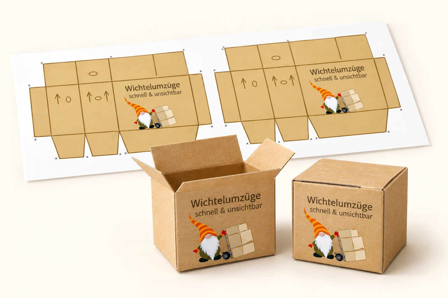 Wichtel-Umzugskartons als Druckvorlage und fertig gefaltete Papierkartons