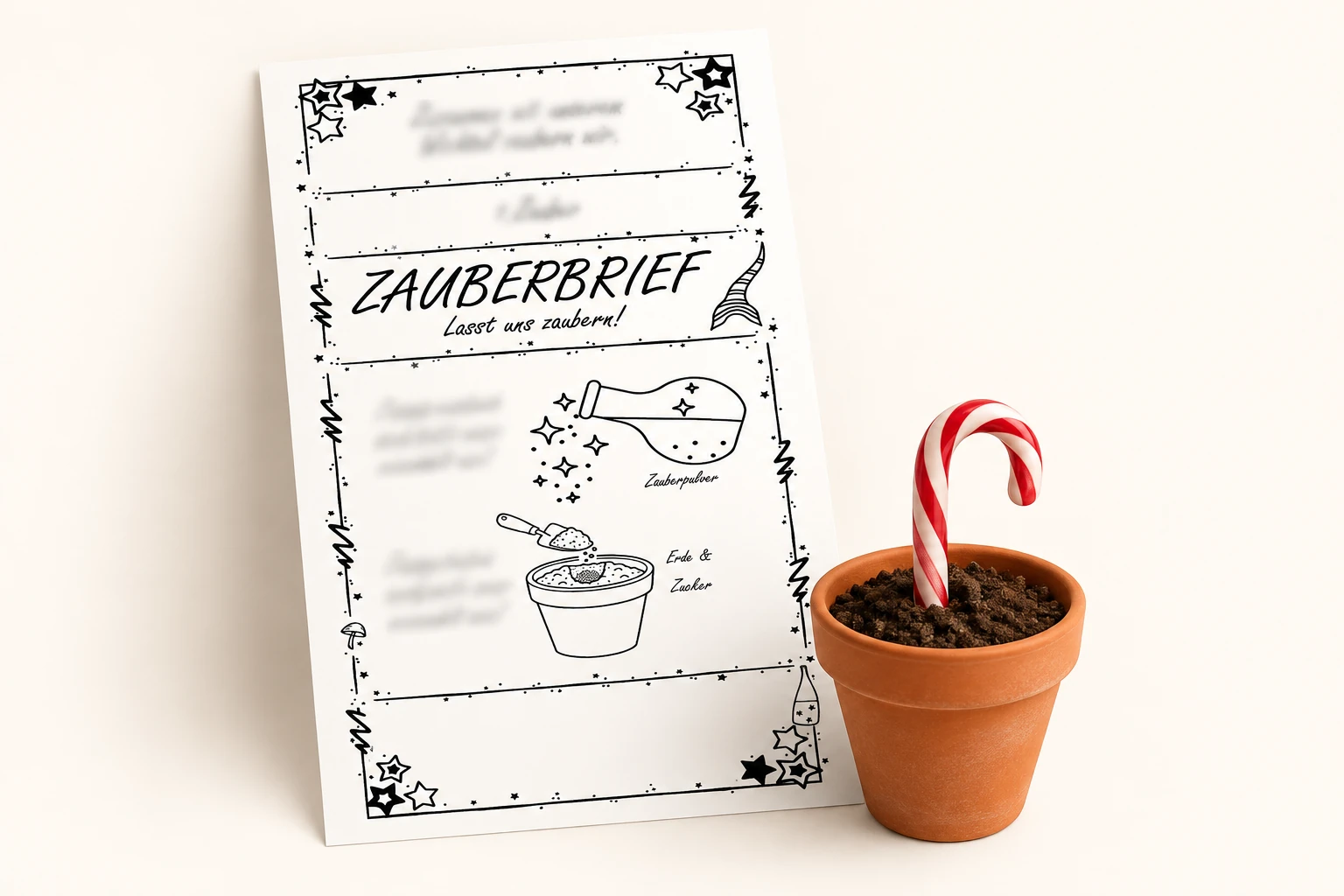 Original-Zauberbrief und ein Blumentopf mit Zuckerstange als Beispiel für einen Wichtelzauber