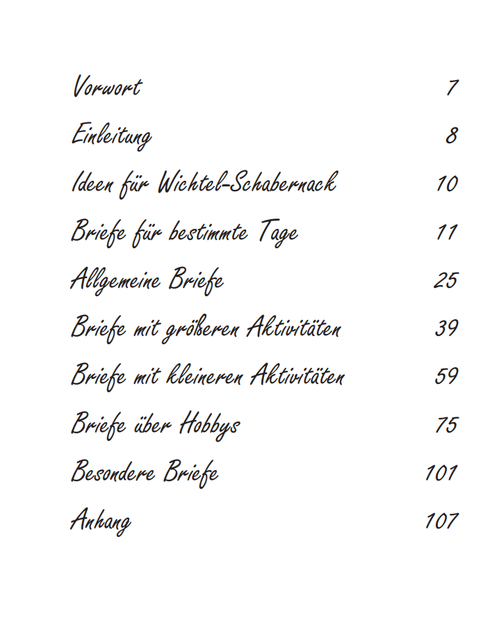 Inhaltsverzeichnis von  "48 Wichtelbriefe für die zauberhafte Wichteltür im Advent"